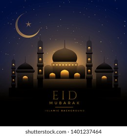 beautiful night scene eid background with mosque and moon