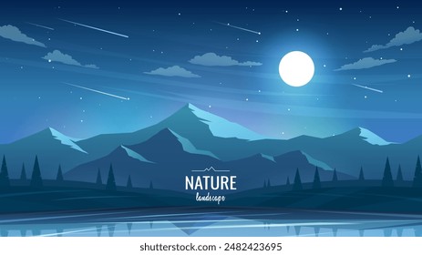 A beautiful night scene. Silhouettes of mountains and trees are reflected in the water. Full moon in the dark sky. Concept of tourism, hiking. Vector illustration.