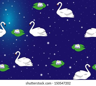 Beautiful night seamless pattern with swans and water lilies
