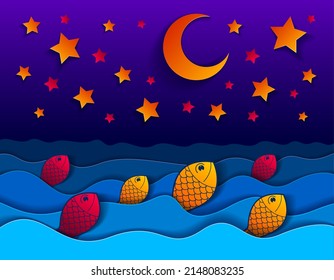 Beautiful night seascape with funny cartoon fishes in paper cut style, curvy lines of waves and moon and stars in the sky, perfect modern vector illustration.