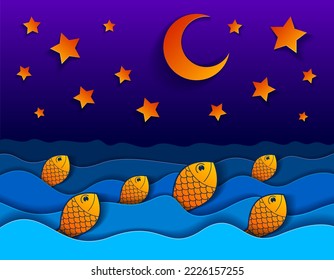 Beautiful night seascape with funny cartoon fishes in paper cut style, curvy lines of waves and moon and stars in the sky, perfect modern vector illustration.