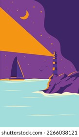 Beautiful night seascape. A lighthouse on the shore and a yacht or sea vessel sails nearby against the backdrop of the night sky.