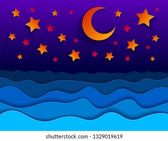 Beautiful night seascape in paper cut style, curvy lines of waves and moon and stars in the sky, perfect modern vector illustration.