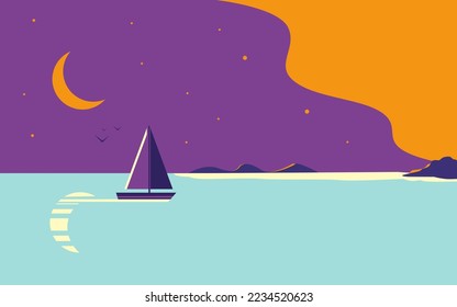 Beautiful night seascape. A yacht or sea vessel is sailing against the background of the night sky.