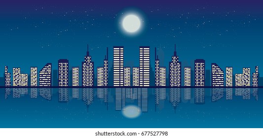 The Beautiful night sky, full moon, and stars over the sleeping city. vector cityscape with reflection 
