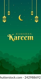 Beautiful night sky with golden lanterns and moon among sparkling stars. Islamic banner vertical design for social media stories