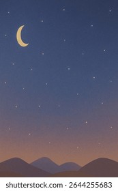 Linda noite céu ilustração com estrelas, lua crescente, e montanhas. Ideal para fundos ou projetos de natureza tranquila