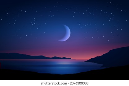 Beautiful night sky at lake with crescent moon and stars