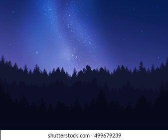 Beautiful Night Sky Over Forest. Vector Illustration.