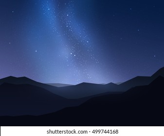 Beautiful Night Sky Over Mountain. Vector Illustration.