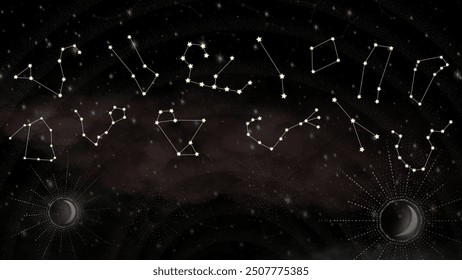 Beautiful night sky with star constellations and celestial elements, featuring a detailed and mystical dark background with glowing stars, planets, and crescent moons in a cosmic scene.