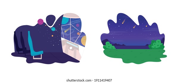 Beautiful night sky with stars and planets 2D vector web banner, poster set. Exploration of new things flat interior on cartoon background. Science improvement printable patch, colorful web element