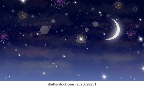 Uma bela ilustração do vetor do céu noturno com uma lua crescente, estrelas, planetas e redemoinhos cósmicos em um gradiente azul profundo. Ideal para projetos sonhadores, temas cósmicos e fundos.