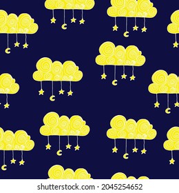 beautiful night sky. yellow cloud with white outline. hanging stars an crescent moon illustration. hand drawn vector, seamless pattern. doodle art for wallpaper, wall decoration, fabric, baby clothes.