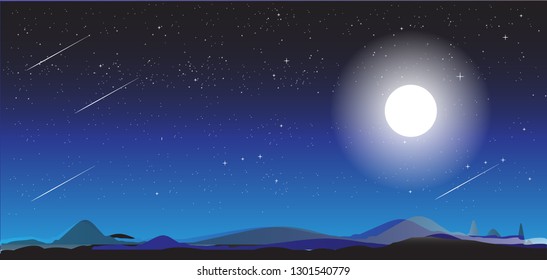 Beautiful night sky.Night starry sky, dark blue space background with stars.Vector illustration of African landscape with wildlife at night scene, Full moon and night sky. Safari theme.