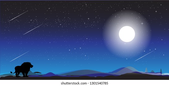 Beautiful night sky.Night starry sky, dark blue space background with stars.Vector illustration of African landscape with wildlife at night scene, Full moon and night sky. Safari theme.