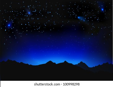 Beautiful night space landscape with silhouette mountains and stars