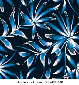 beautiful night summer tropical plant seamless pattern with blue monochromatic bamboo leaves and foliage on dark background. fashionable texture. jungle print. Exotic tropics. Summer design. autumn