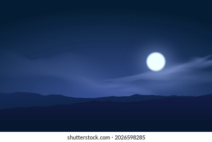 Beautiful night vector landscape. Night time with full moon