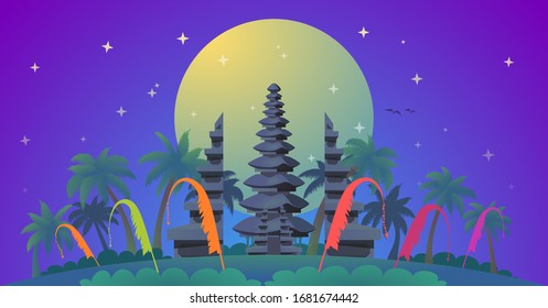 Beautiful night view Bali temple with coconut trees and big moon on the backround. Nyepi day celebration in Bali Indonesia.