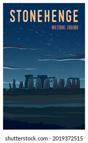 Beautiful night view in England with historical buildings, Stonehenge. Time to travel. Around the world. Quality vector poster.