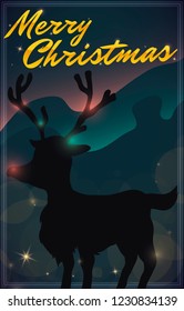 Beautiful night view with a reindeer silhouette under a sky with northern lights, bokeh and glows for a magical Christmas celebration.