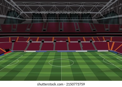 Beautiful night view stadium with seat, gellery, green field, light,  landscape vector illustration in cartoon style.stadium landscape vector design  illustration in cartoon style.