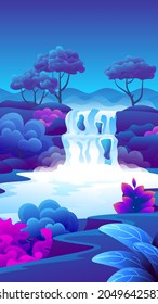 Beautiful night waterfall. River stream flowing through scenic area to lake.