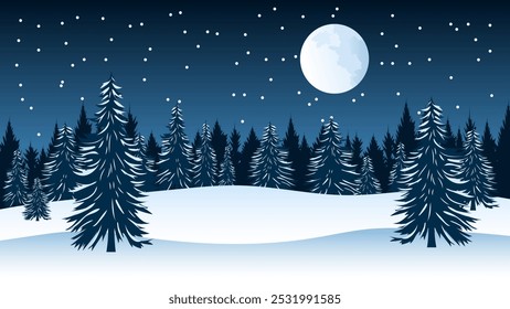 Schöne Nacht Winterwaldlandschaft. Schneebedeckter Wald, Bäume, Schneeverwehungen und ein herrlicher klarer Nachthimmel mit Sternen und Vollmond. Weihnachten an Heiligabend.