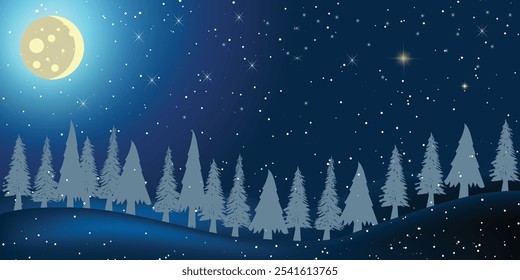 Beautiful night winter forest landscape. Snowy forest, trees, snowdrifts and an amazing clear night sky with stars and a full moon. Christmas on Christmas Eve, vector art illustration