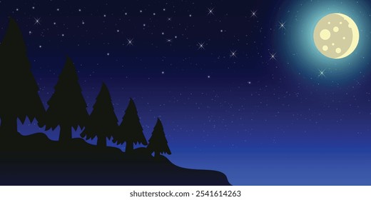 Beautiful night winter forest landscape. Snowy forest, trees, snowdrifts and an amazing clear night sky with stars and a full moon. Christmas on Christmas Eve, vector art illustration