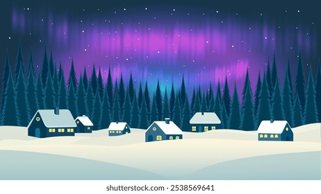 Hermoso paisaje de invierno nocturno de bosque, pueblo y luces del norte impresionantes. Bosque invernal, árboles, nevadas, casas y cielo nocturno increíble con estrellas y aurora boreal. Navidades Eva.