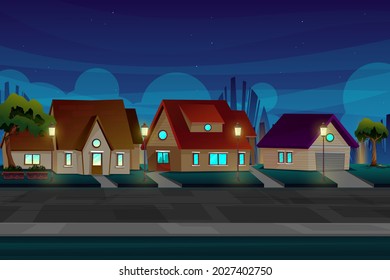 Beautiful Nigth scene with house in village near road with lighting from electric and streetlamp,  vector illustration