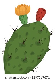 Beautiful nopal -or prickly pear- with yellow flower and red fruit in cartoon style.