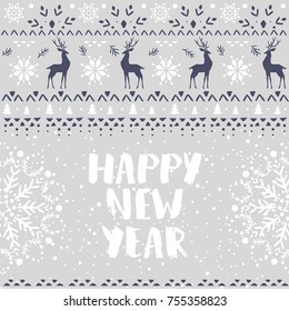 Beautiful nordic wallpaper with gorgeous deers and snowflake. Winter background for Christmas or New Year design. Vector illustration.