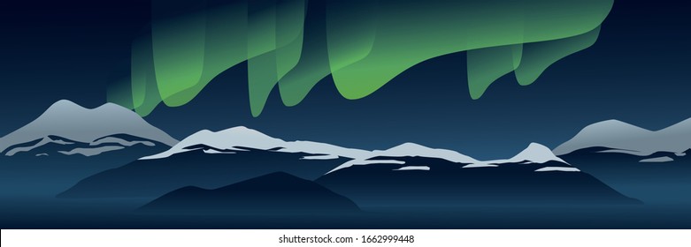 Beautiful north light and mountains peak covered with snow, landscape banner. Modern hand drawn vector in flat style. Traveling and exploring breathtaking arctic mountains, looking at polar light