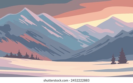 Hermoso paisaje frío del norte. Nieve y montañas. Naturaleza salvaje y viajes. Ilustración vectorial de arte para el fondo. Color dibujado a mano