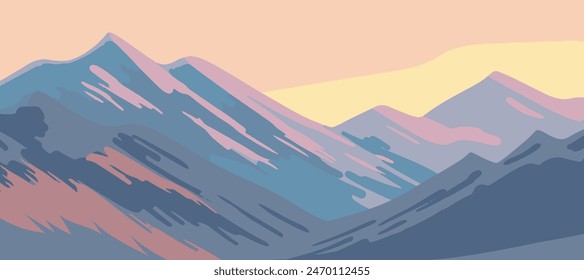 Hermoso paisaje frío del norte. Nieve y montañas. Naturaleza salvaje y viajes. Ilustración vectorial de arte para el fondo. Color dibujado a mano