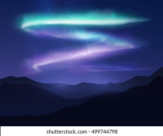 Beautiful northern lights in night sky over mountain. Vector illustration.