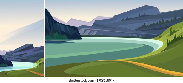 Beautiful norwegian fjord. Set of natural landscapes in vertical and horizontal orientation.
