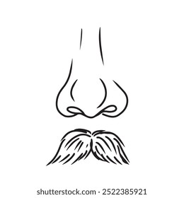 Lindo nariz e bigode como símbolo da cara do homem em preto isolado no fundo branco. ilustração de esboço de vetor desenhado à mão em doodle gravado vintage estilo de arte de linha. Barbearia, design de logotipo.