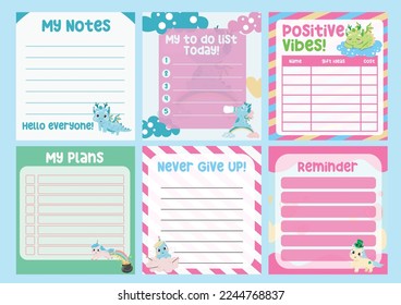 Beautiful note template. Cute dragons and unicorns design for children. Vector template for agenda, to do list, wish list, dear diary. Printable sheet for kids.