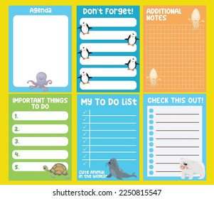 Beautiful note template. Cute sea animals design for children. Vector template for agenda, to do list, wish list, dear diary. Printable sheet for kids.