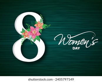 Beautiful Number of 8 Decorated Pink Flower and Leaves on Green Wooden Texture Background for Happy Women's Day Celebration Concept.