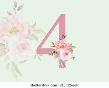 Beautiful numeric 4 with floral watercolor bouquet