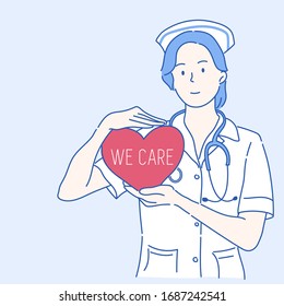 A beautiful nurse holding a heart shaped board and the message "we care". Hand drawn in thin line style, vector illustrations.