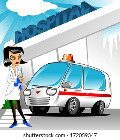 beautiful nurse standing beside the car ambulance, vector