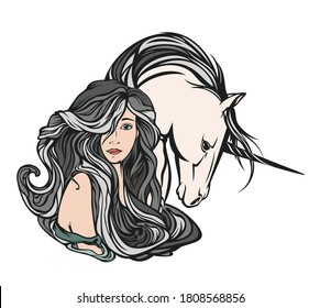 beautiful nymph woman with long gorgeous hair and mythical unicorn horse art nouveau style vector portrait