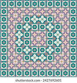 Hermoso patrón sin fisuras de azulejos de Nyonya, combinación de colores turquesa y rosa