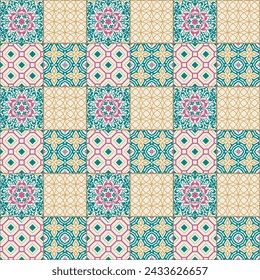 Beautiful Nyonya Tiles Seamless Pattern, Turquoise and Pink Colors Combination